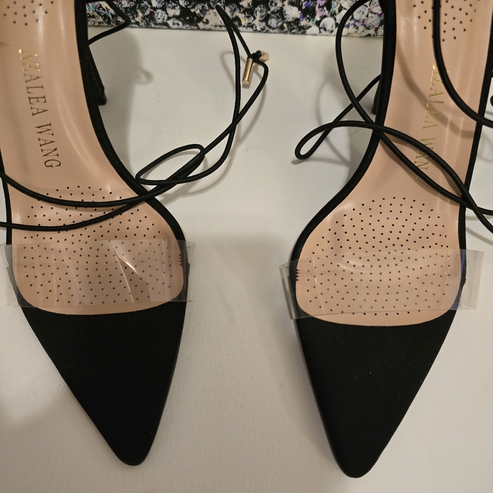 AZALEA WANG Black With Cleae Vinyl Toe Strap High Heels Ankle Wrap Strap 7.5 - Picture 3 of 17